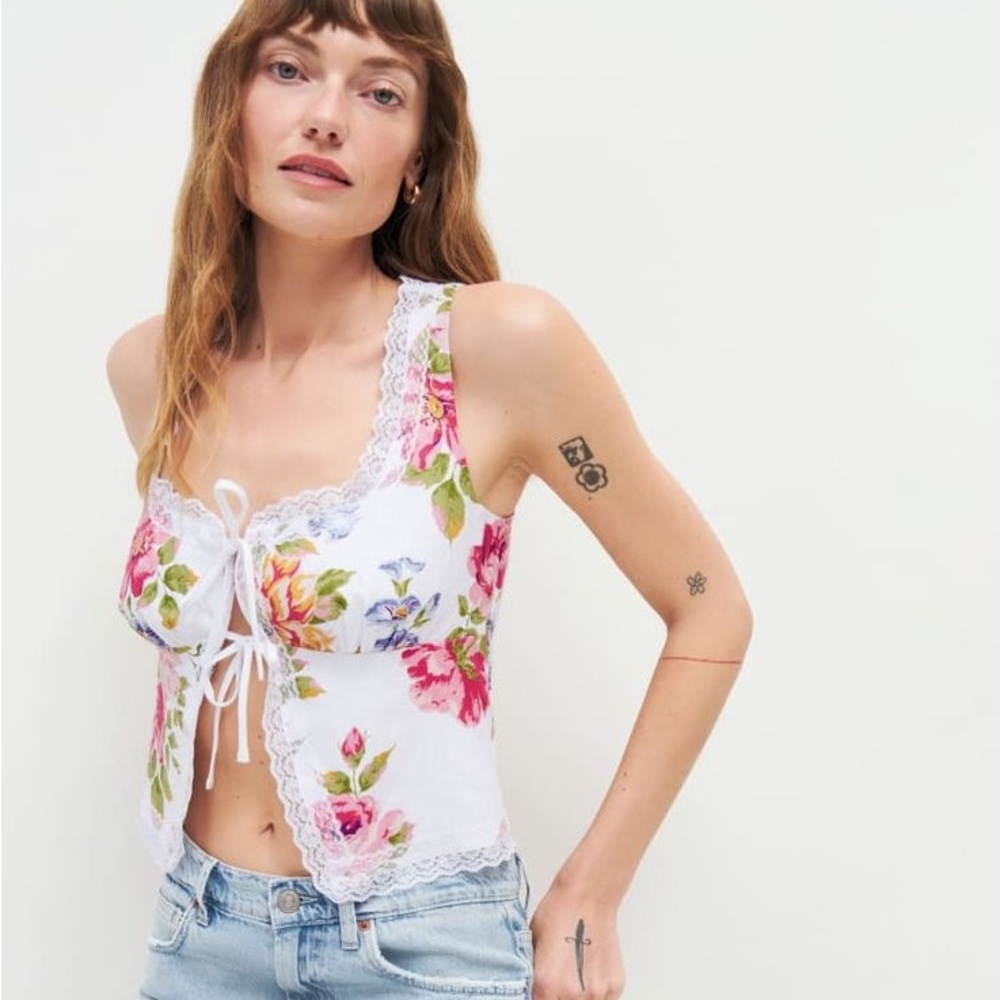 Reformation Rosalie 100% linen tie front floral tank top